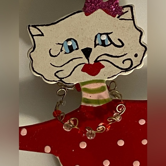 Vintage cat irnament Love Me Love My Cat White Kitty Girl hearts whimsical art - Picture 3 of 9